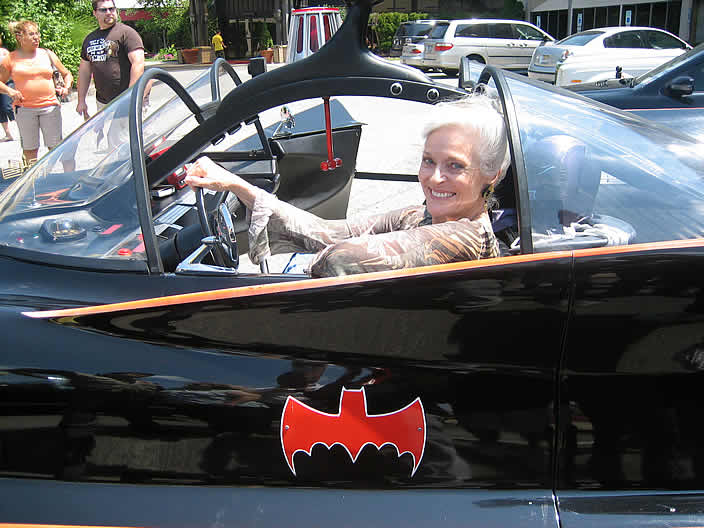 Lee Meriwether sits in the “Rock Star” Batmobile at the 2008 Super Mega Show in Secaucus, NJ.