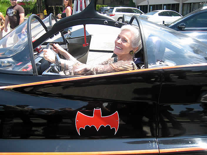 Lee Meriwether sits in the “Rock Star” Batmobile at the 2008 Super Mega Show in Secaucus, NJ.