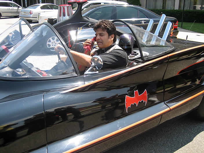 Erik Estrada sits in the “Rock Star” Batmobile at the 2008 Super Mega Show in Secaucus, NJ.