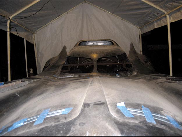 A closeup view of the hood of the 1989 Batmobile.
